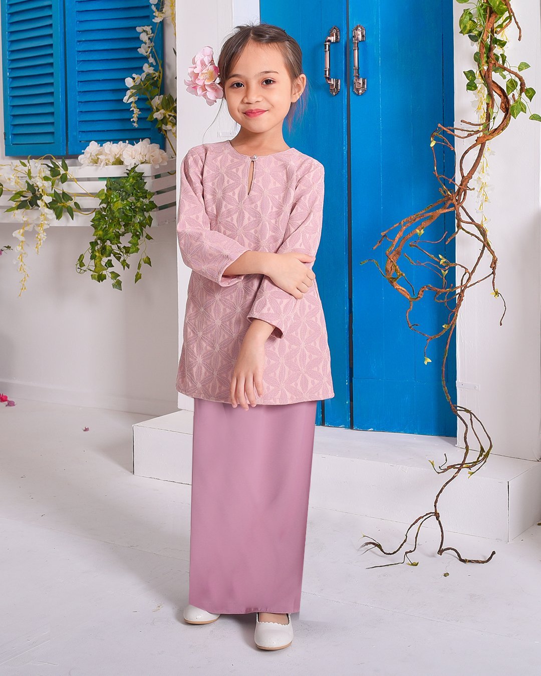 Baju Kurung Moden Lace Geetha Kids -Blush Pink