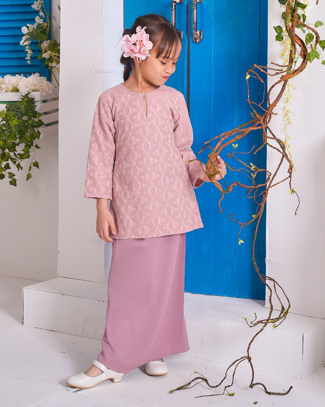 Baju Kurung Moden Lace Geetha Kids -Blush Pink