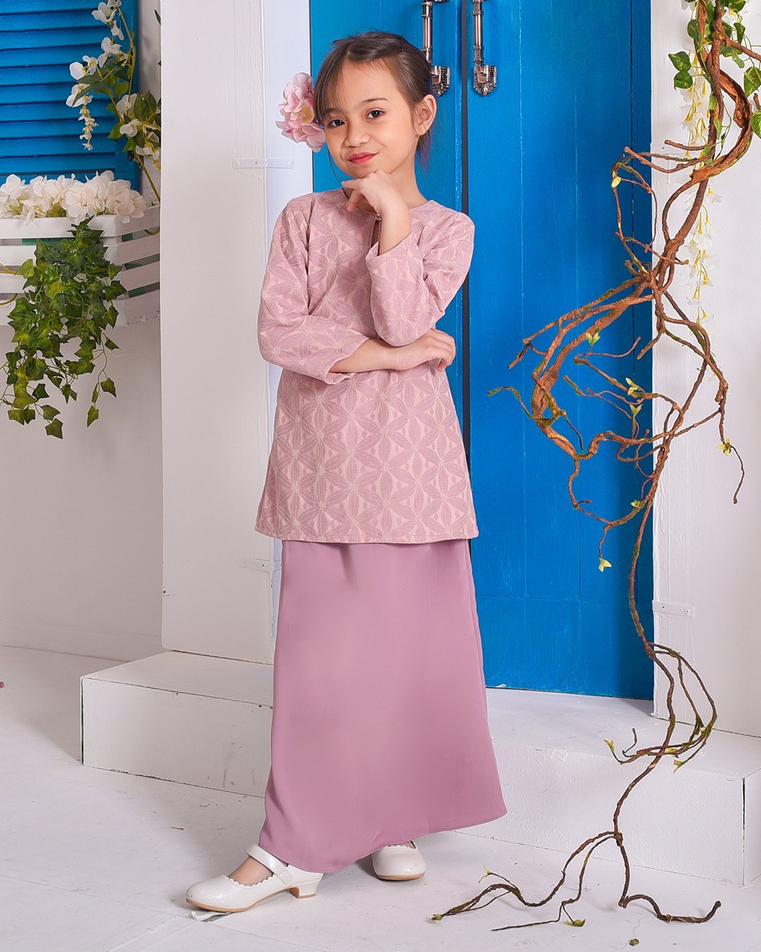 Baju Kurung Moden Lace Geetha Kids -Blush Pink