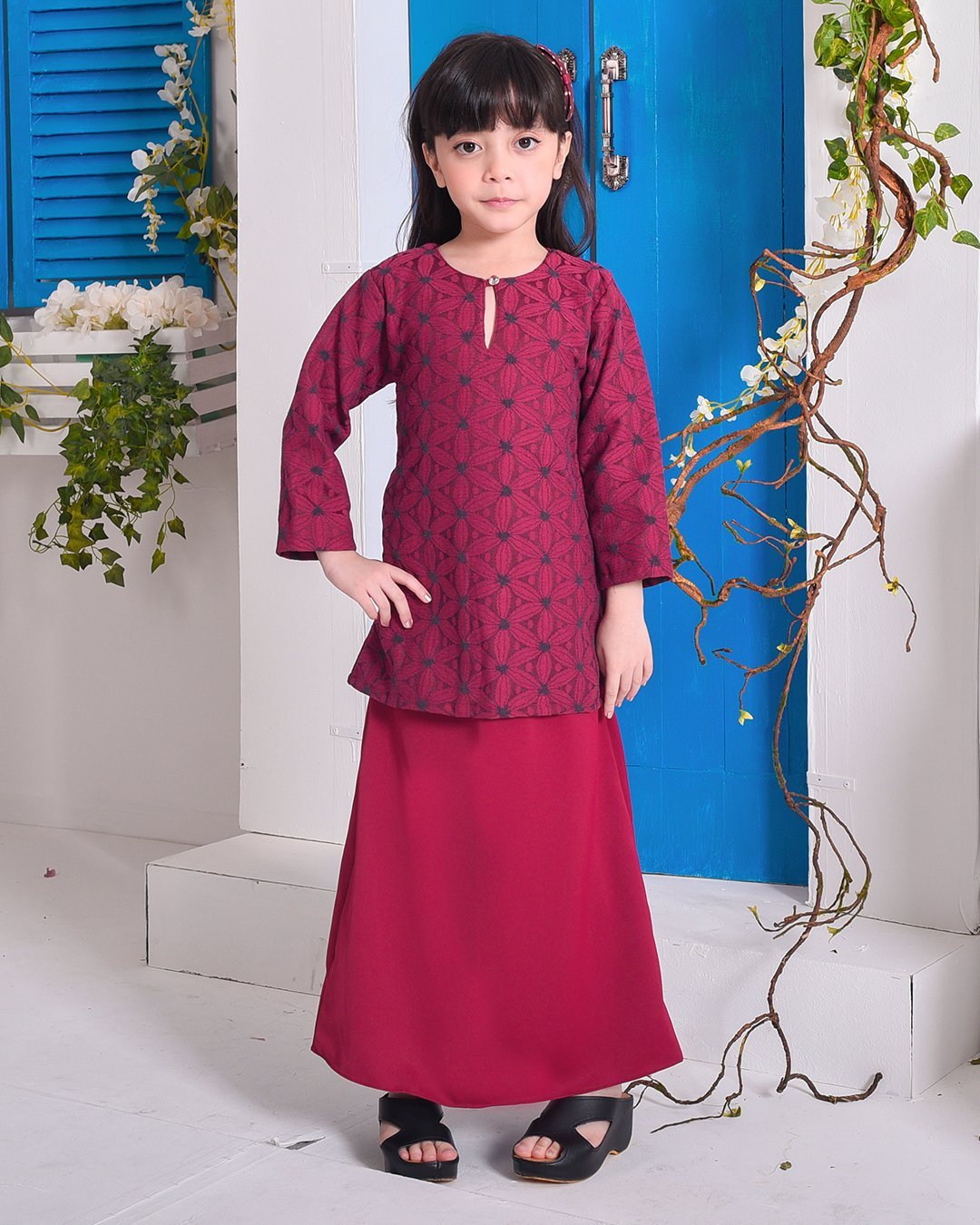 Baju Kurung Moden Lace Geetha Kids - Ruby Red