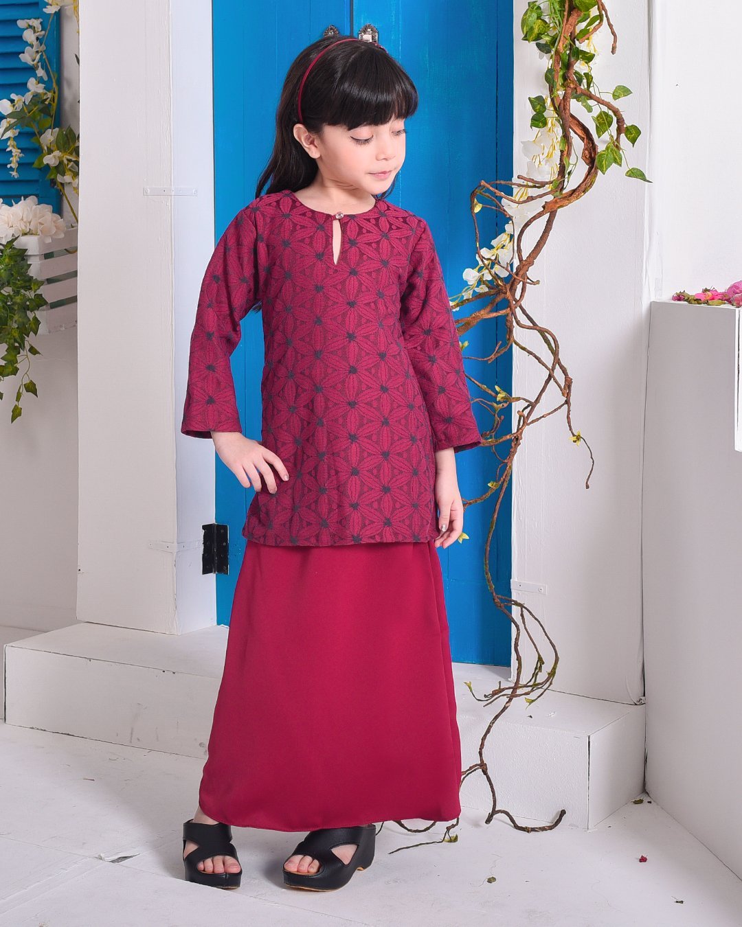 Baju Kurung Moden Lace Geetha Kids - Ruby Red