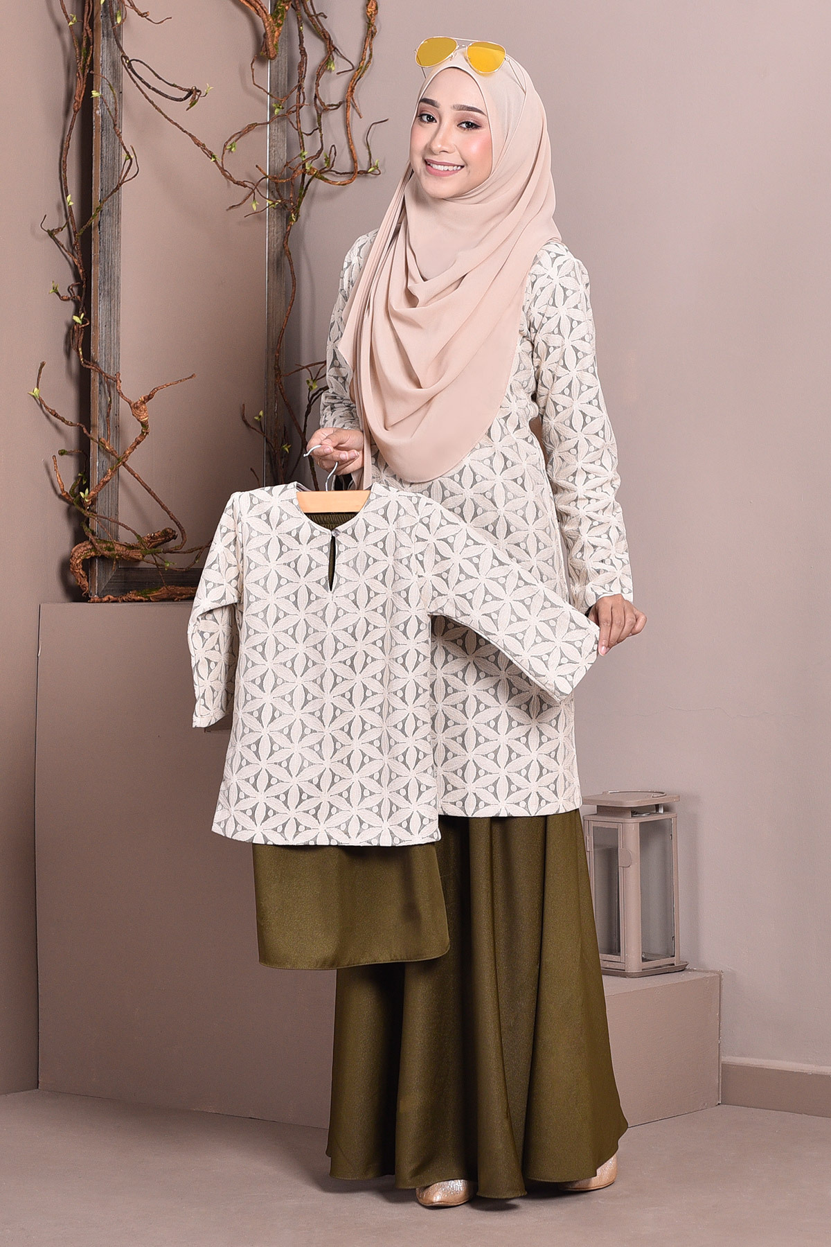 Baju Kurung Lace Geetha Kids - Olive Green