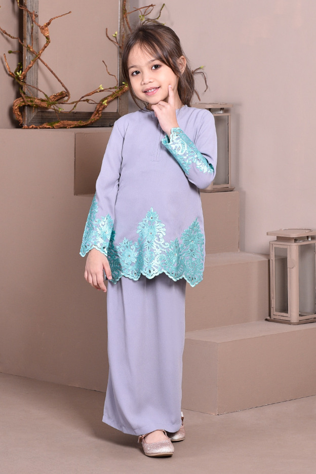 Baju Kurung Lace Royal Maya Kids - Fresh Grey
