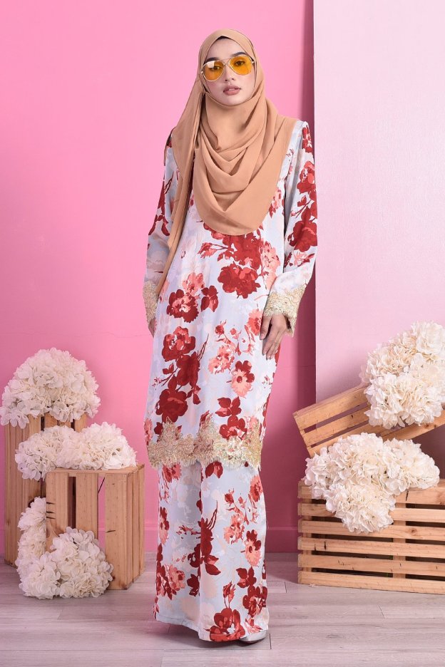 Baju Kurung Lace Mariam - Floral Tangerine
