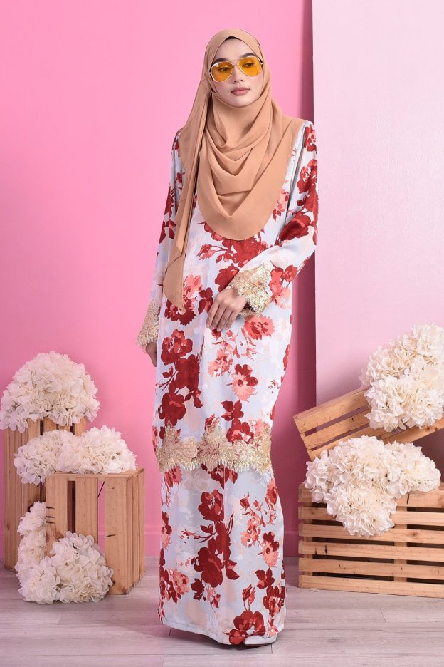 Baju Kurung Lace Mariam - Floral Tangerine