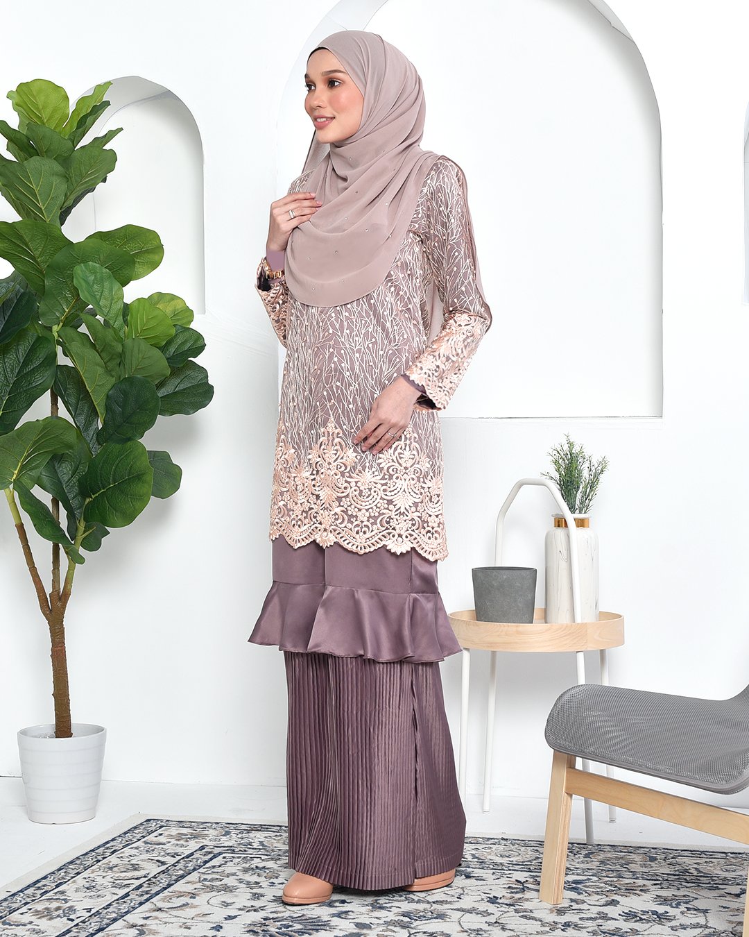 Baju Kurung Lace Pleated Ruffle Adra - Espresso Brown