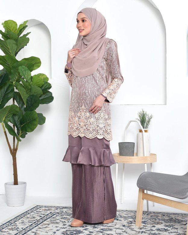 Baju Kurung Lace Pleated Ruffle Adra - Espresso Brown