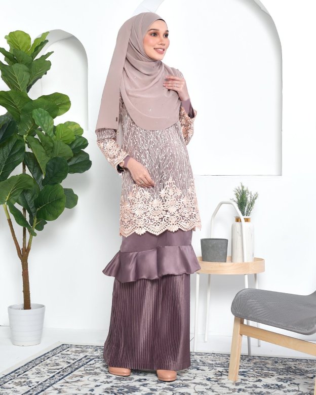 Baju Kurung Lace Pleated Ruffle Adra - Espresso Brown