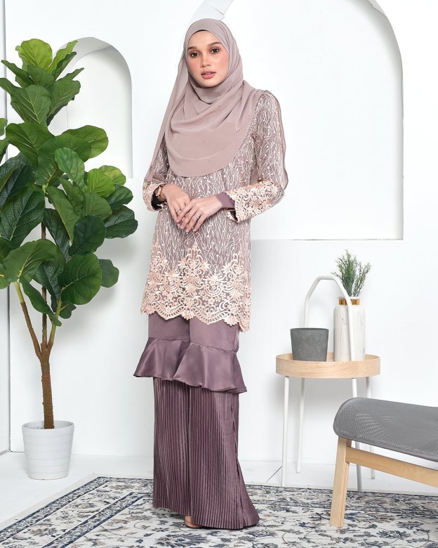 Baju Kurung Lace Pleated Ruffle Adra - Espresso Brown