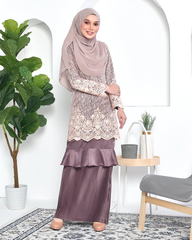 Baju Kurung Lace Pleated Ruffle Adra - Espresso Brown