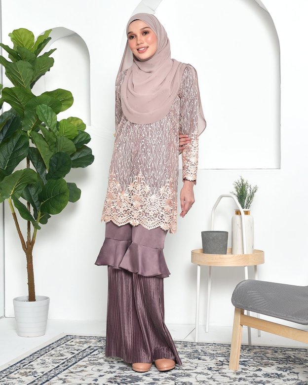 Baju Kurung Lace Pleated Ruffle Adra - Espresso Brown