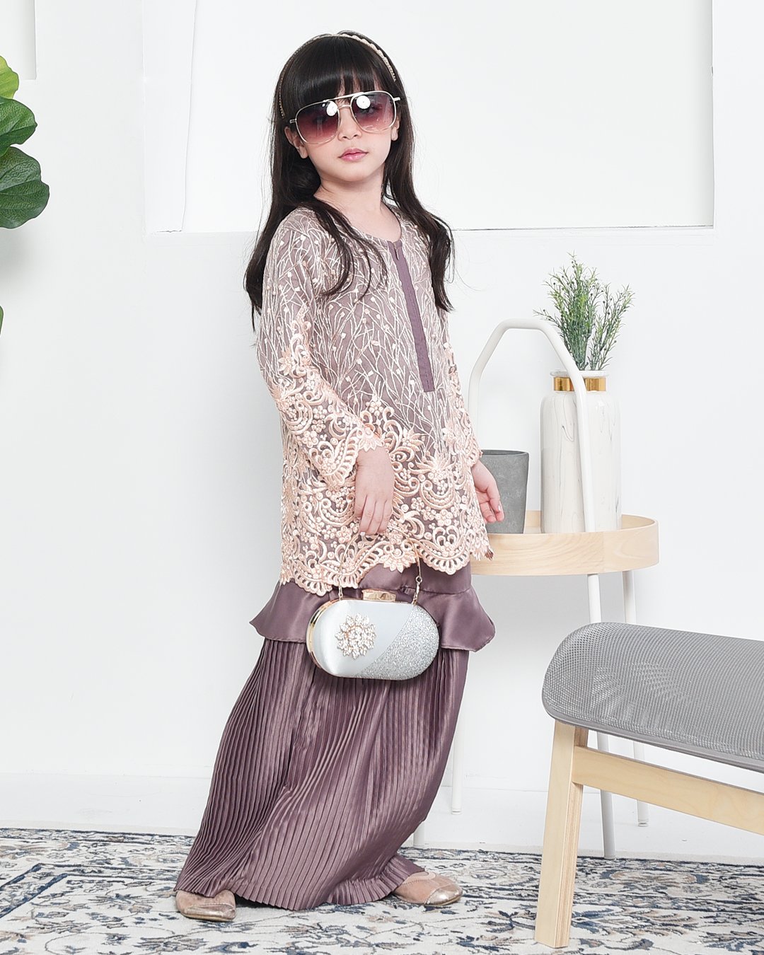 Baju Kurung Lace Pleated Ruffle Adra Kids - Espresso Brown