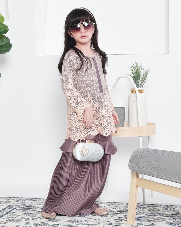 Baju Kurung Lace Pleated Ruffle Adra Kids - Espresso Brown