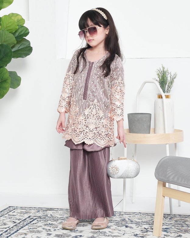 Baju Kurung Lace Pleated Ruffle Adra Kids - Espresso Brown