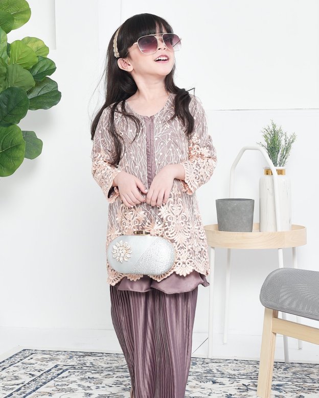 Baju Kurung Lace Pleated Ruffle Adra Kids - Espresso Brown