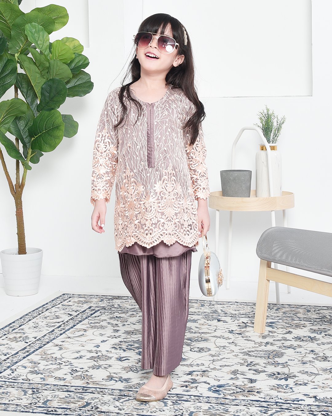 Baju Kurung Lace Pleated Ruffle Adra Kids - Espresso Brown