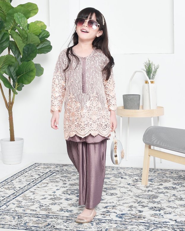 Baju Kurung Lace Pleated Ruffle Adra Kids - Espresso Brown