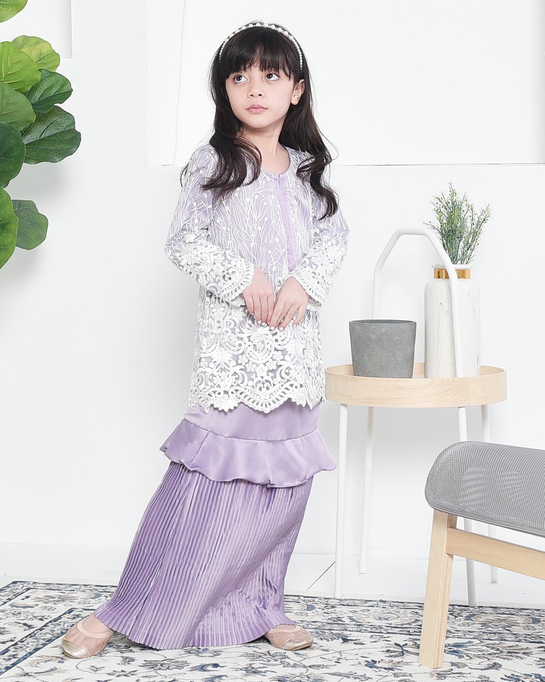 Baju Kurung Lace Pleated Ruffle Adra Kids - Mauve Purple