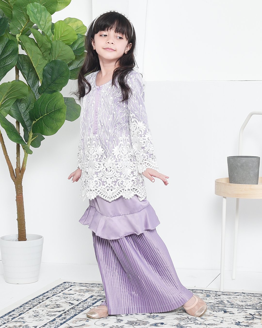 Baju Kurung Lace Pleated Ruffle Adra Kids - Mauve Purple