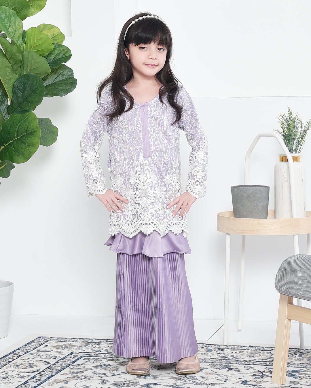 Baju Kurung Lace Pleated Ruffle Adra Kids - Mauve Purple