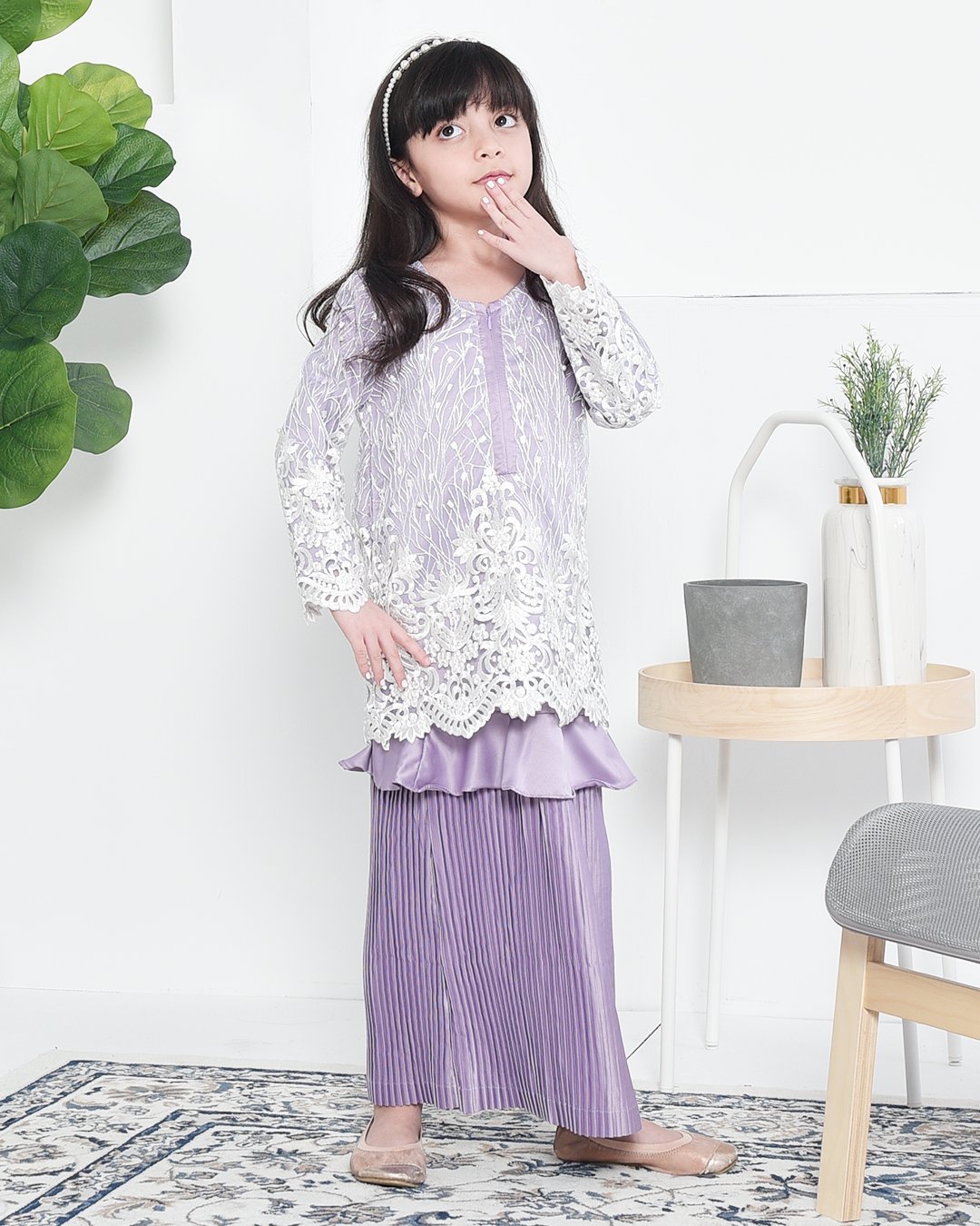 Baju Kurung Lace Pleated Ruffle Adra Kids - Mauve Purple