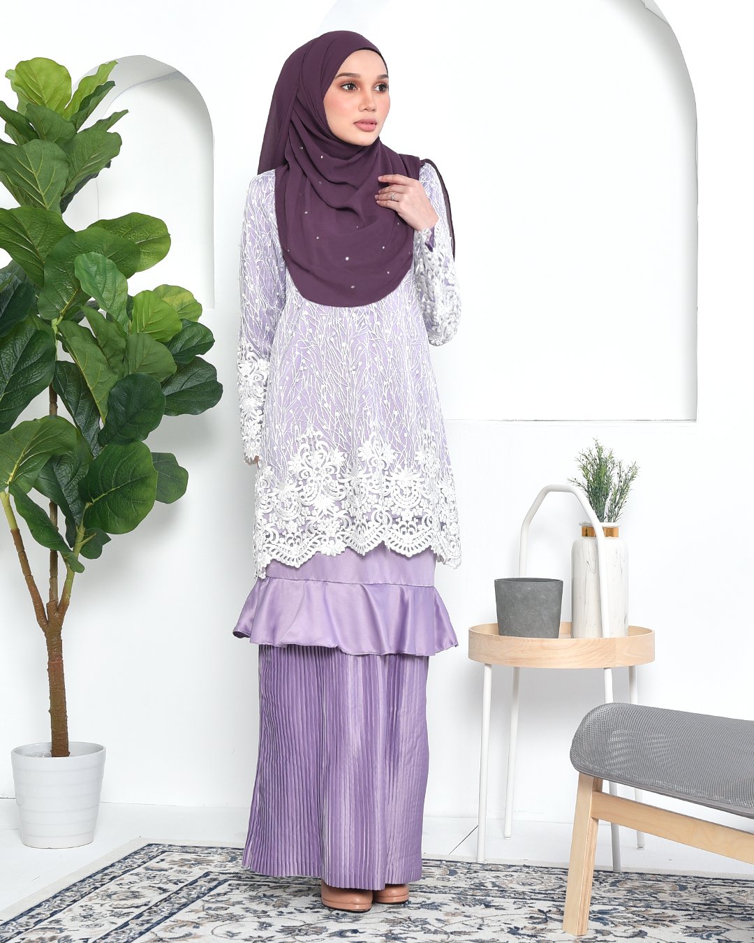 Baju Kurung Lace Pleated Ruffle Adra - Mauve Purple