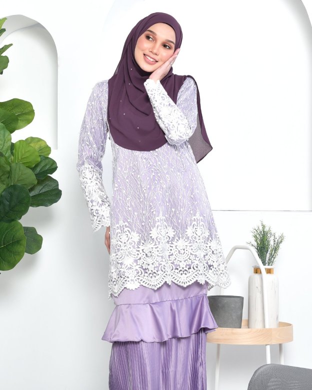Baju Kurung Lace Pleated Ruffle Adra - Mauve Purple