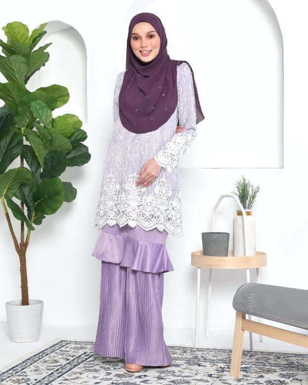 Baju Kurung Lace Pleated Ruffle Adra - Mauve Purple