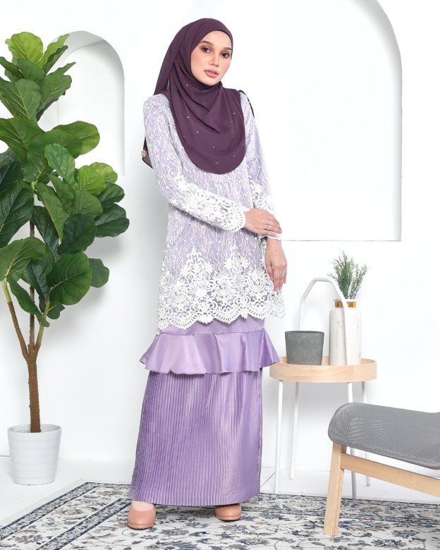 Baju Kurung Lace Pleated Ruffle Adra - Mauve Purple