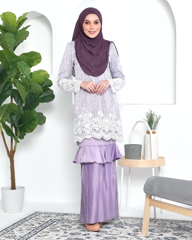 Baju Kurung Lace Pleated Ruffle Adra - Mauve Purple