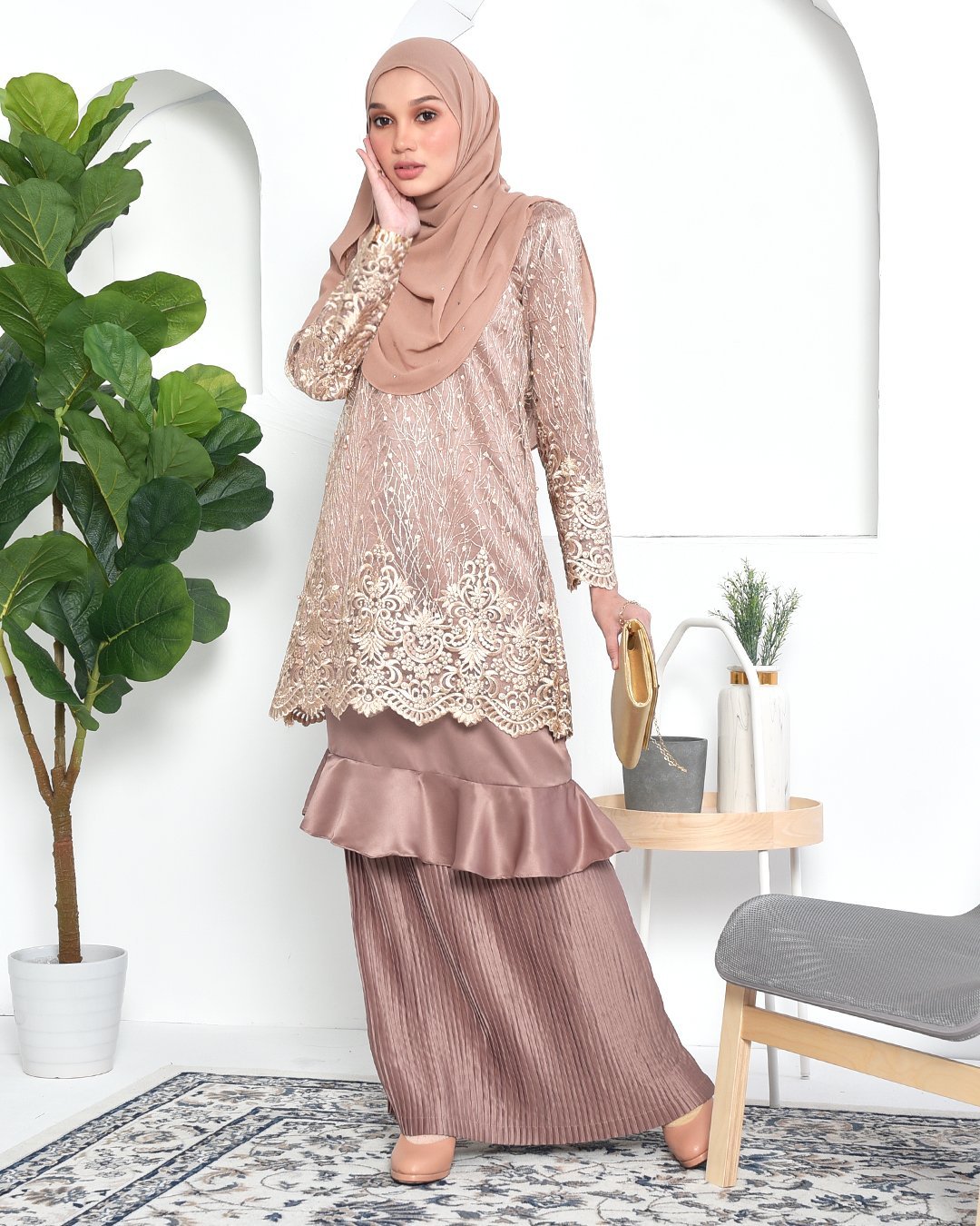 Baju Kurung Lace Pleated Ruffle Adra - Rosewood Brown