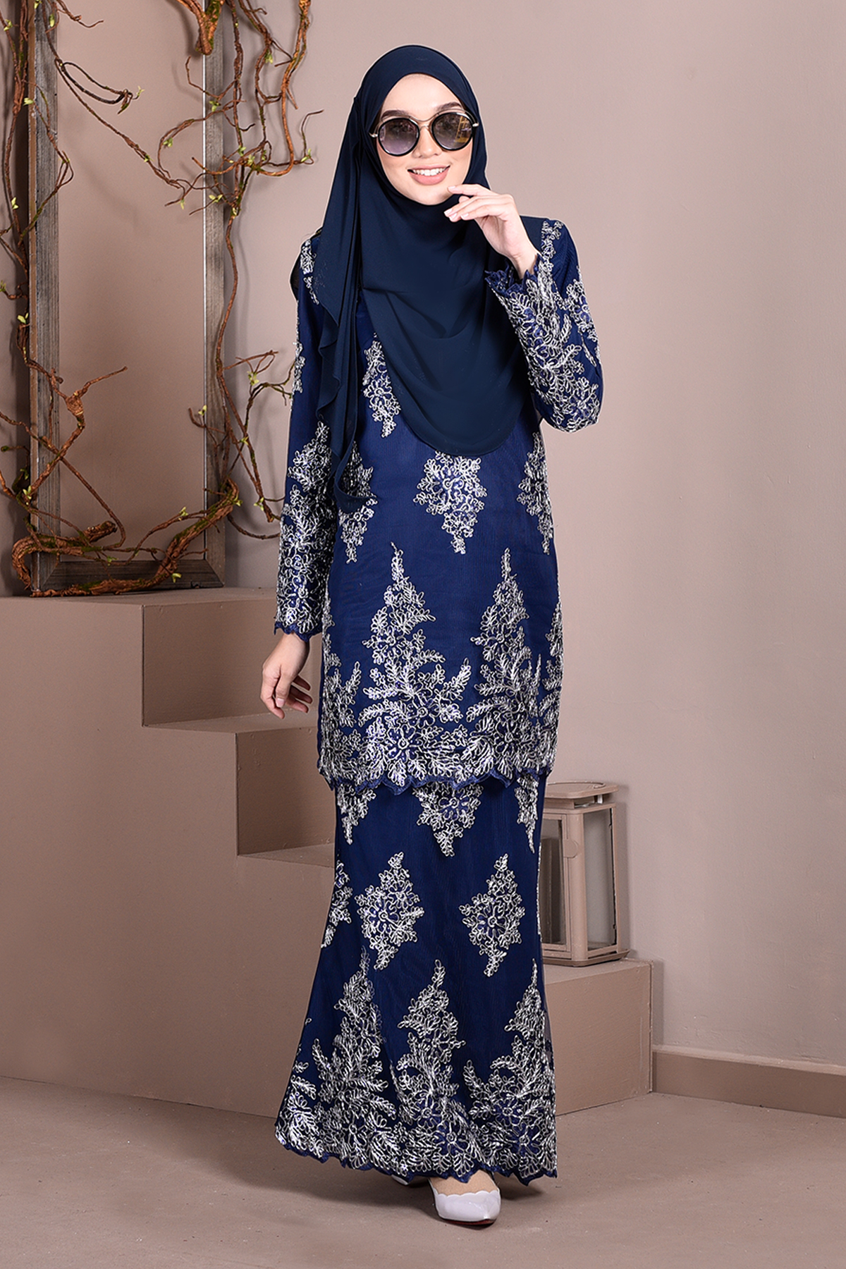 Baju Kurung Lace Sequin Sasha - Navy Blue
