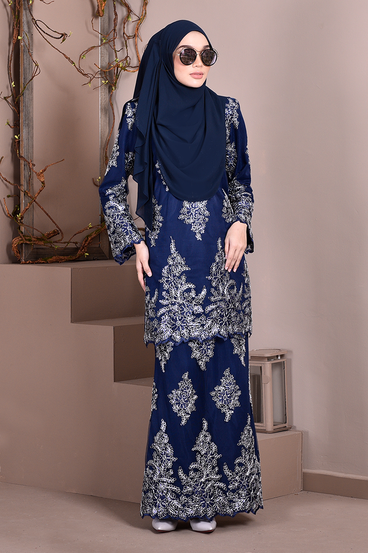 Baju Kurung Lace Sequin Sasha - Navy Blue
