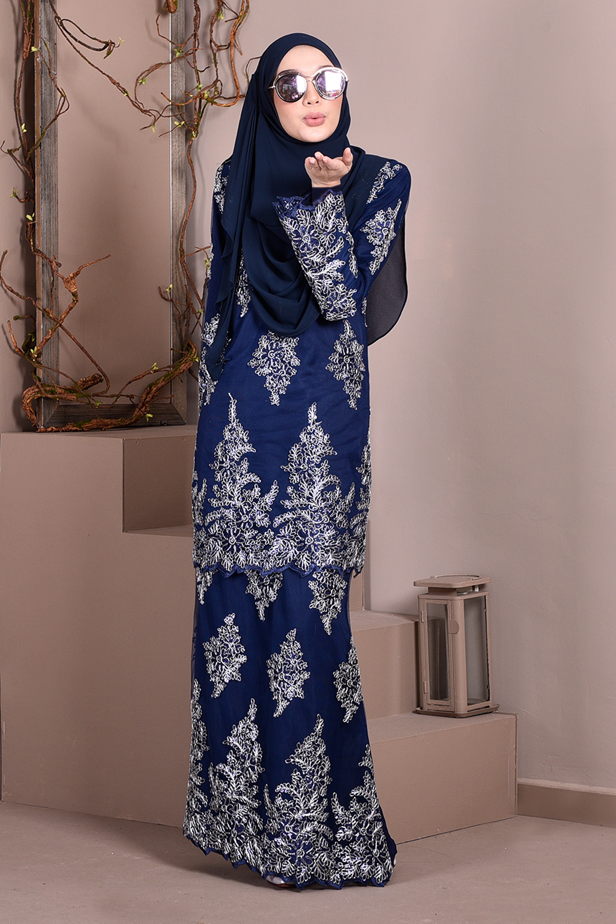 Baju Kurung Lace Sequin Sasha - Navy Blue
