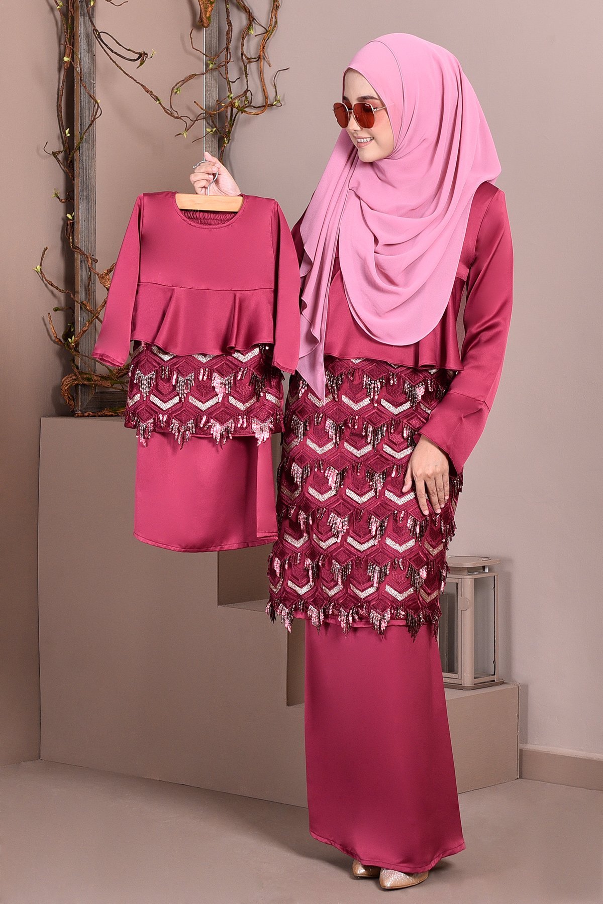 Baju Kurung Lace Sequin Jayne Kids - Merlin Maroon