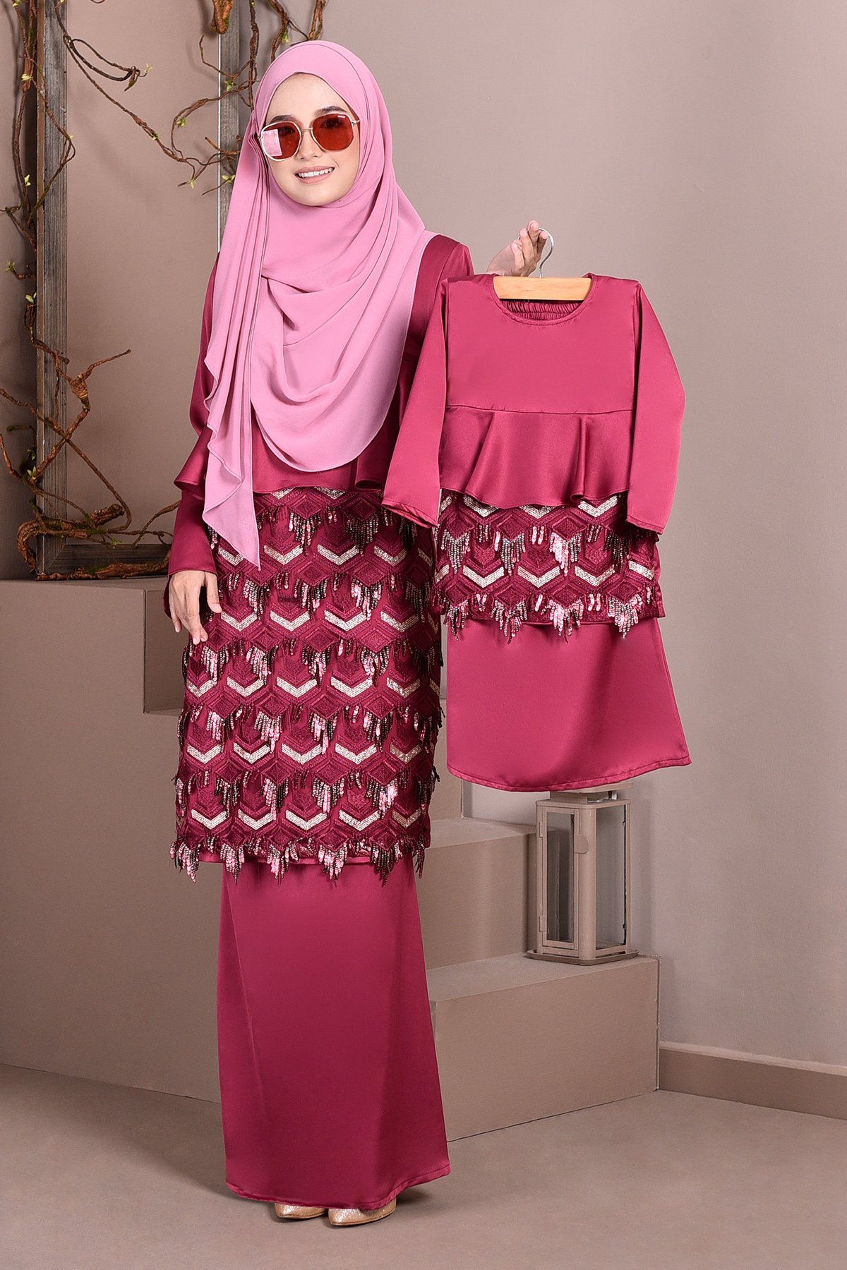 Baju Kurung Lace Sequin Jayne Kids - Merlin Maroon