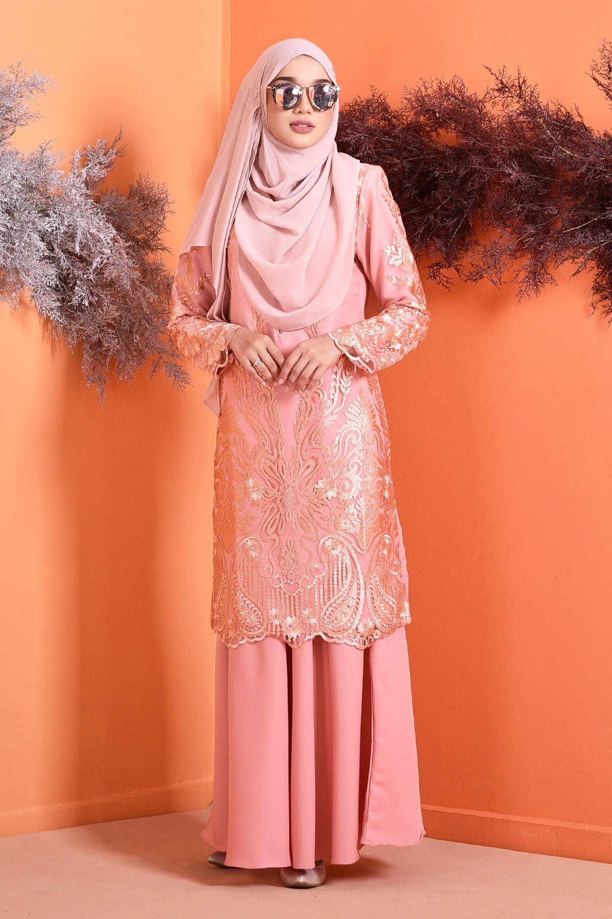 Baju Kurung Lace Serena - Peach Melon