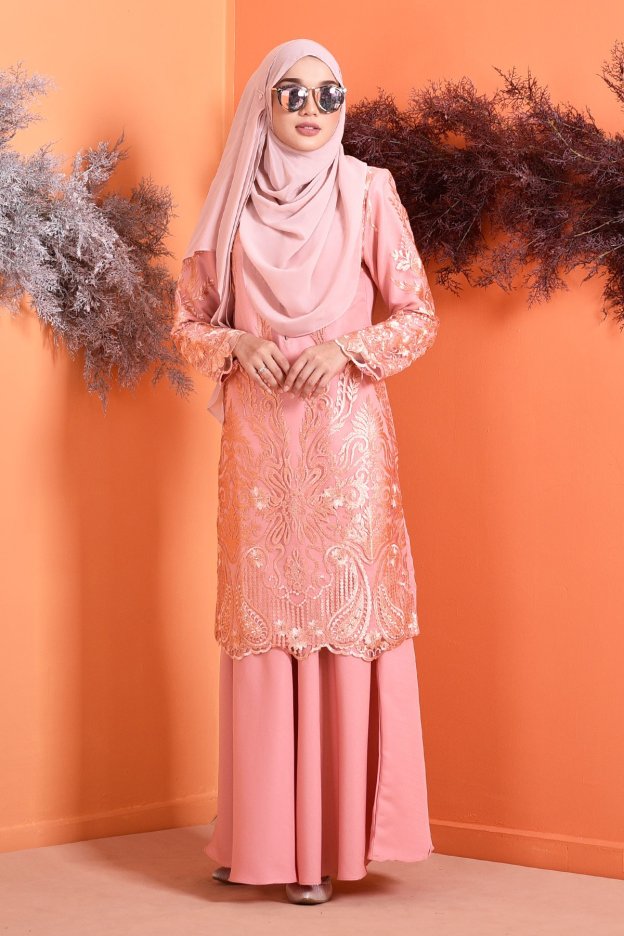 Baju Kurung Lace Serena - Peach Melon