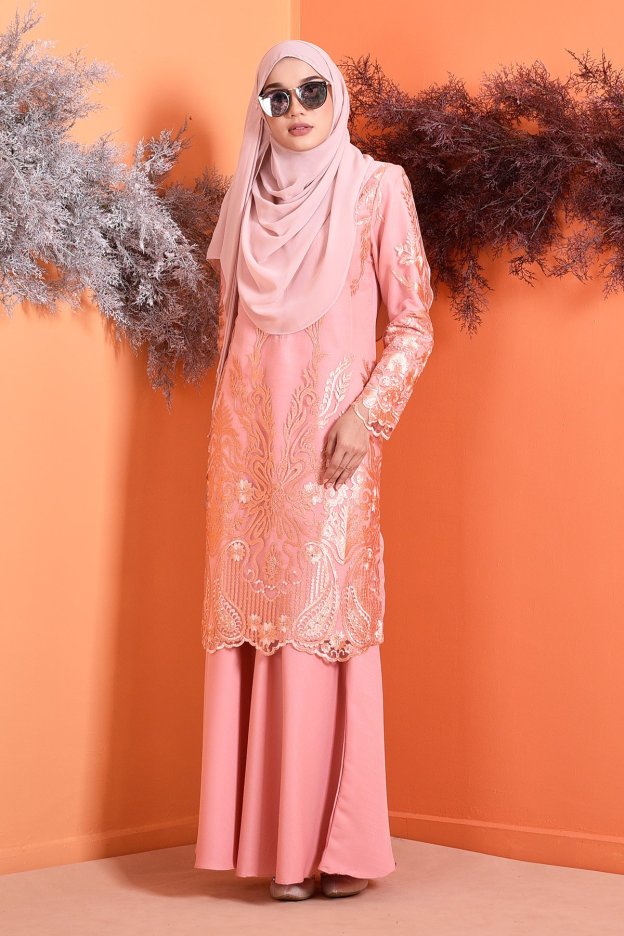 Baju Kurung Lace Serena - Peach Melon