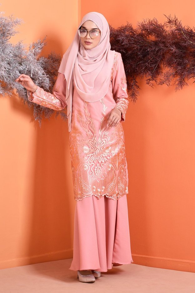 Baju Kurung Lace Serena - Peach Melon