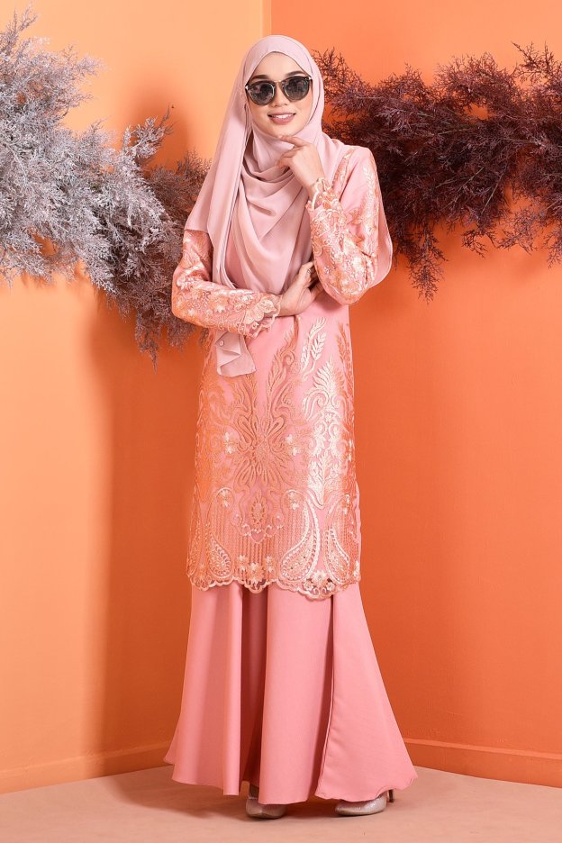 Baju Kurung Lace Serena - Peach Melon