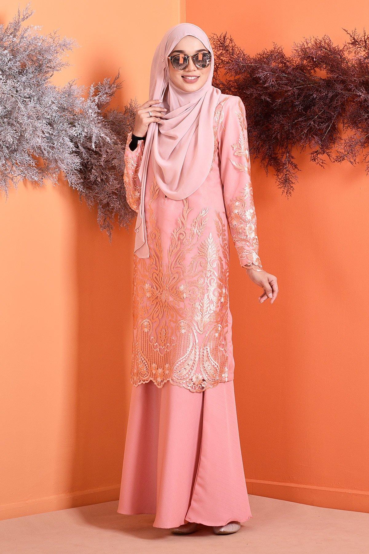 Baju Kurung Lace Serena - Peach Melon