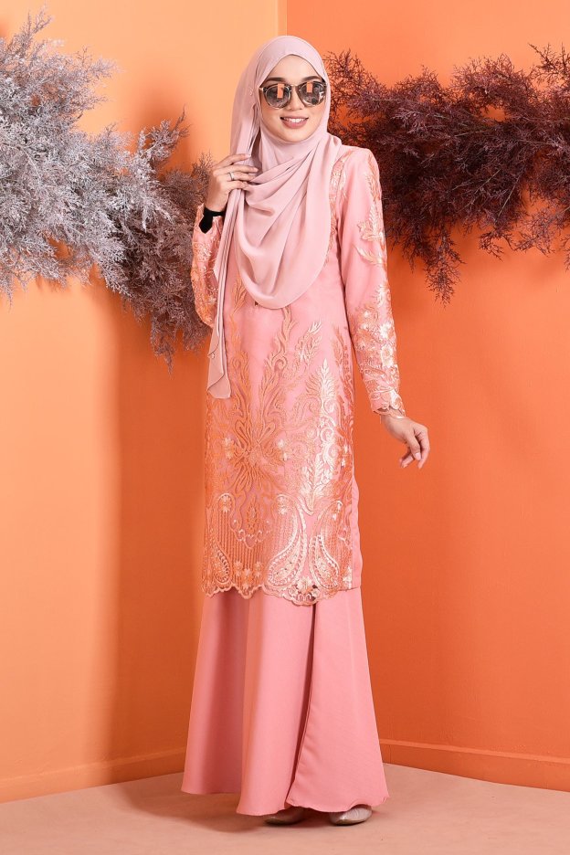 Baju Kurung Lace Serena - Peach Melon
