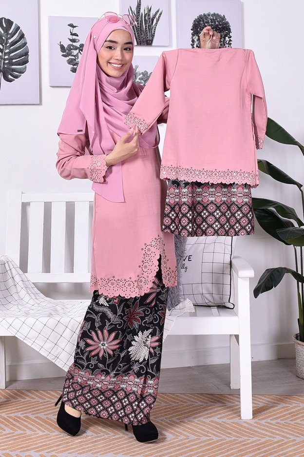 Baju Kurung Batik Moden Lasercut Nasim Kids - Pink Rose