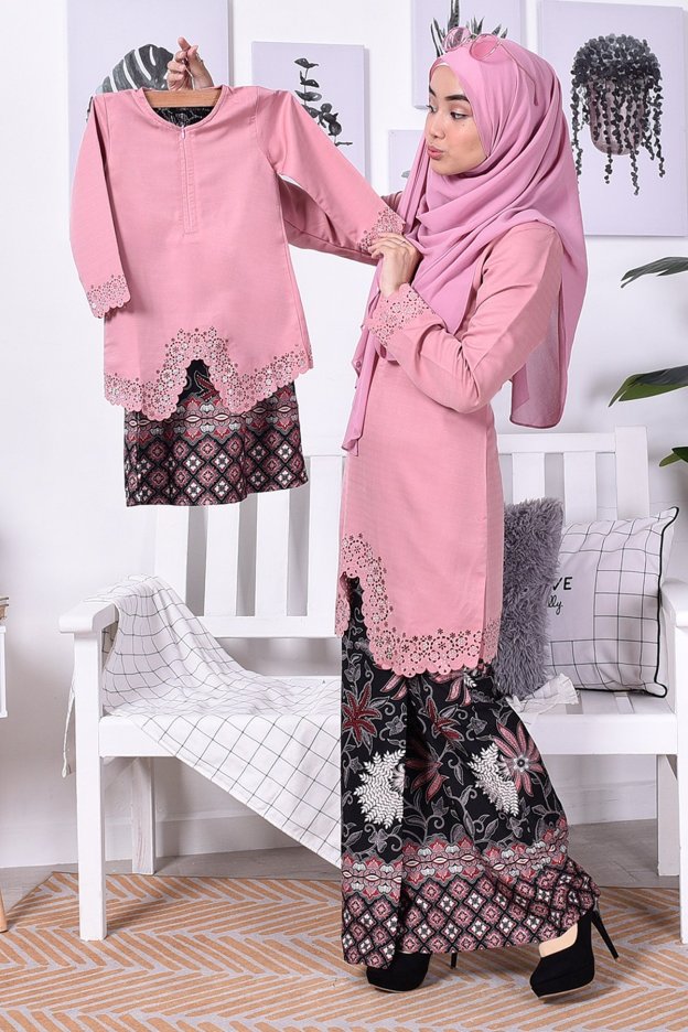 Baju Kurung Batik Moden Lasercut Nasim Kids - Pink Rose
