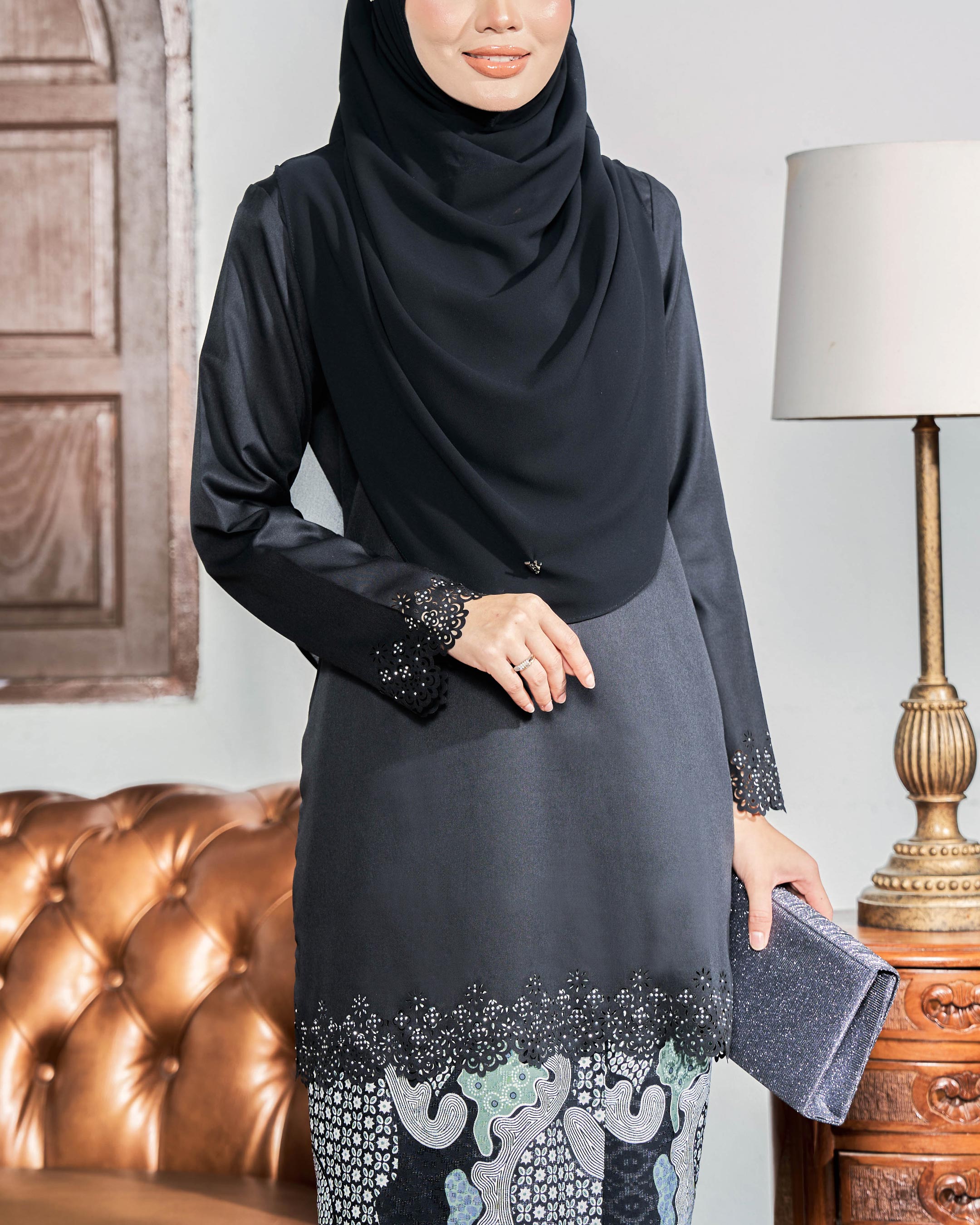 Baju Kurung Batik Lasercut Haya - Ash Black