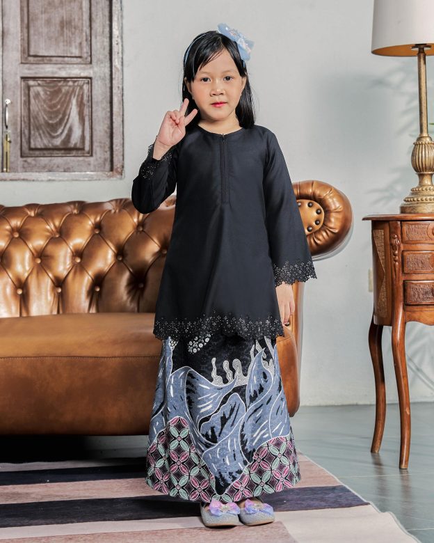 Baju Kurung Batik Lasercut Haya Kids - Ash Black