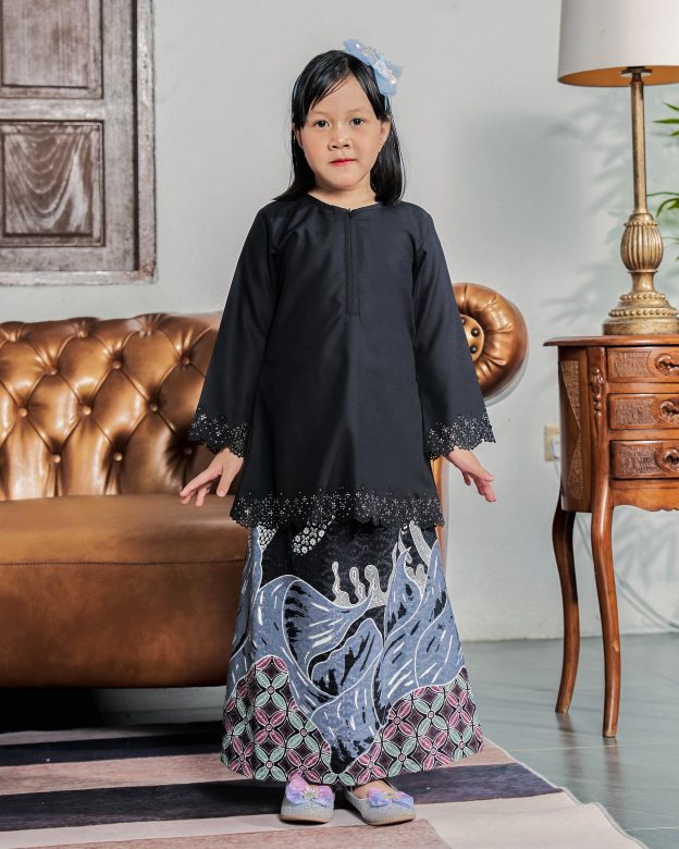 Baju Kurung Batik Lasercut Haya Kids - Ash Black