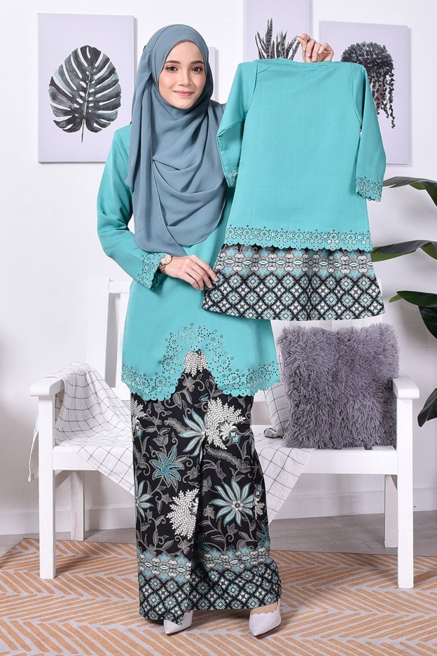 Baju Kurung Batik Moden Lasercut Nasim Kids - Turquoise