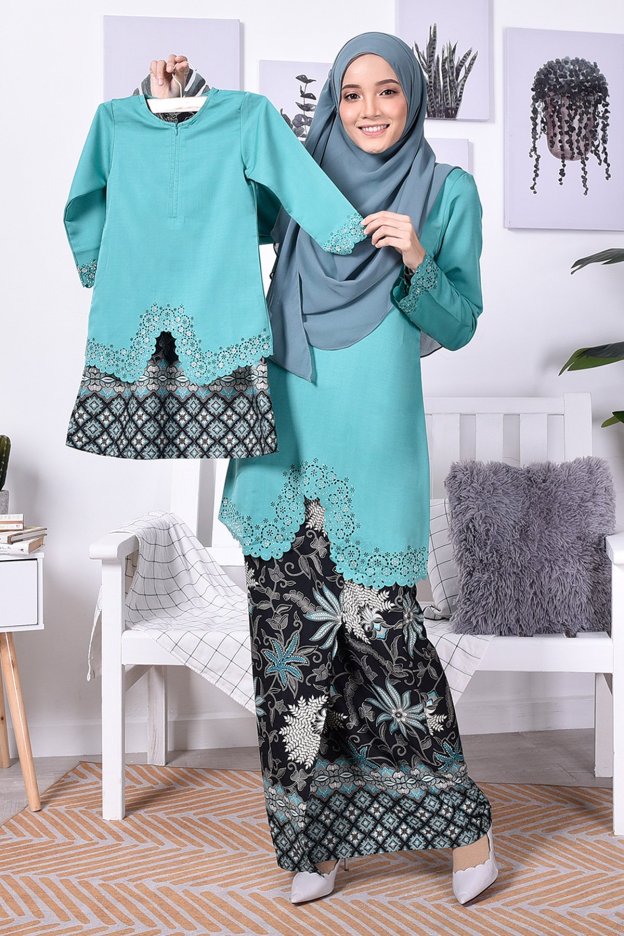 Baju Kurung Batik Moden Lasercut Nasim Kids - Turquoise